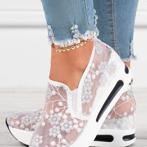 Floral Embroidery Breathable Sheer Mesh Sneakers, color:White|size:42, Lilicloth.com