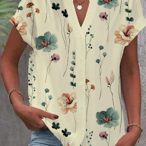 Buttoned Floral Loose Casual Blouse, JustFashionNow Shirts, color:Beige|size:XXL,