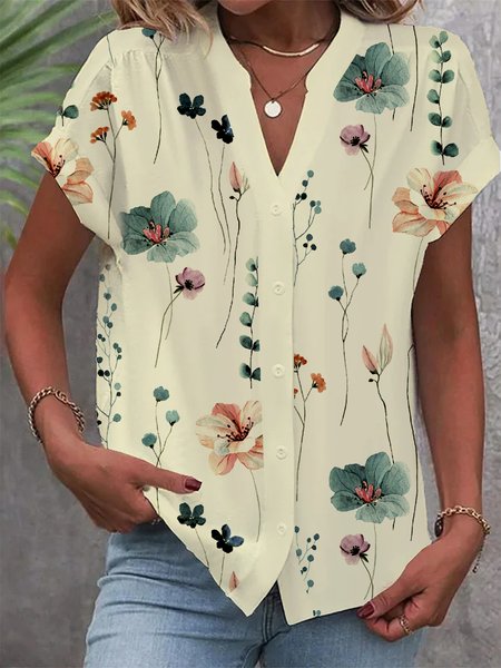 Buttoned Floral Loose Casual Blouse, Blouses, Lilicloth.com