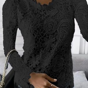 Lace Regular Fit Casual Lace Top, Blouses, color:Black|size:XXL, Noracora
