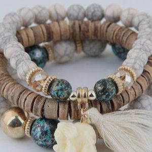Alloy Vintage Boho Beads Tassel Bracelet, color:Beige, Lilicloth.com