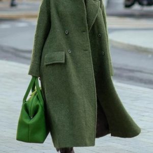 Women Vintage Plain Long Sleeve Lapel Collar Green Coat With Pocket, Coats, color:Green|size:3XL, JustFashionNow