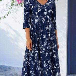Elegant V Neck Floral Swing Dress, Dresses, color:Purple|size:XXL, JustFashionNow