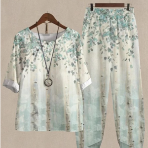 Plus Size Crew Neck Vacation Green Floral Loose Two-Piece Set, SET, color:Green|size:4X, catalog Noracora shop