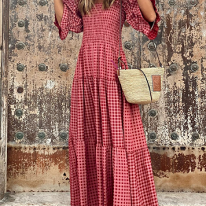 Regular Fit Square Neck Plaid Casual Dress, Dresses, color:Red|size:XXL, JustFashionNow