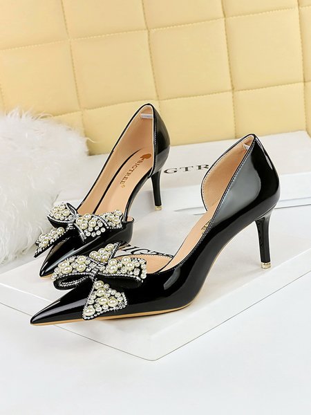 Elegant Party Imitation Pearl Rhinestones Bow Stiletto Heel Side Cut Pumps, Heels, color:Black|size:40, Stylewe