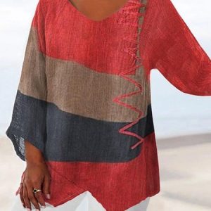 Plus Size Casual Geometric Three Quarter Loose Shirt, Shirts & Blouses, color:Red|size:4X, JustFashionNow