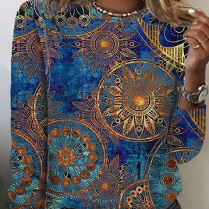 Plus Size Crew Neck Loose Casual Random Print T-Shirt, TOPS, color:Blue|size:4X, Noracora