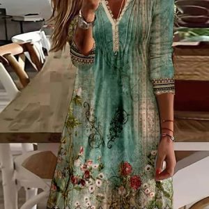 Regular Fit V Neck Ethnic Dress, Dresses, color:Green|size:XXL, JustFashionNow