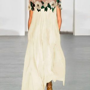 Plus Size Elegant Embroidery Patterns Crew Neck Dress, Plus Dresses, color:Off White|size:4X, Stylewe