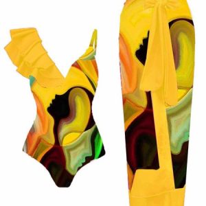 Vacation Abstract Printing V neck One Piece With Cover Up, Swimsuit with Coverups, color:Yellow|size:S, Stylewe
