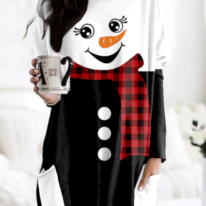 Women Funny Christmas Snowman Scoop Neckline Tunic Top, Long sleeve tops, color:White|size:XXL, JustFashionNow