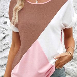 Casual Crew Neck Color Block Loose T-Shirt, T-Shirts, color:Pink|size:XXL, JustFashionNow
