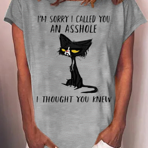 Women's Funny I’m Sorry I Called You Asshole I Thought You Knew Black Cat Casual Cotton Text Letters T-Shirt, color:Gray|size:3XL, Lilicloth.com