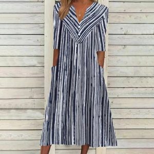 Women Striped Notched Half Sleeve Comfy Casual Short Dress, Short, color:Blue|size:3XL, Noracora