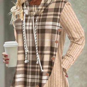 Loose Plaid Casual Sweatshirt, Sweatshirts & Hoodies, color:Khaki|size:XXL, JustFashionNow