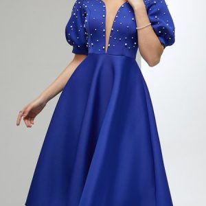 Imitation Pearls Crew Neck Elegant Wedding Guest Dress, Midi Dresses, color:Blue|size:XXL, Stylewe