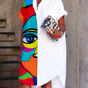 Plus Size Abstract Shirt Collar Casual Mini Dress, Plus Dresses, color:As Picture|size:4X, Stylewe