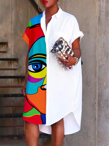 Plus Size Abstract Shirt Collar Casual Mini Dress, Plus Dresses, color:As Picture|size:4X, Stylewe