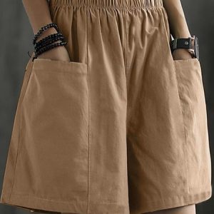 Plain Casual Pockets Shorts, Shorts, color:Caramel|size:4X, Noracora