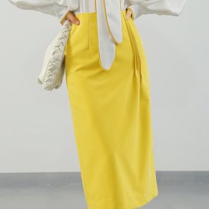 Daily Midi Plain Regular Fit Elegant Skirt, Skirts, color:Yellow|size:XXL, Stylewe