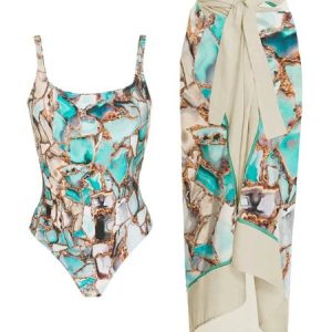 Abstract Printing Vacation Scoop Neck One Piece With Cover Up, swimwear>>Bikini Sets, color:Multicolor|size:XXL, JustFashionNow