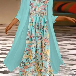 Women Floral Crew Neck Long Sleeve Comfy Casual Coat With Skirt Two-Piece Set, Sets, color:Aqua blue|size:XXL, Noracora