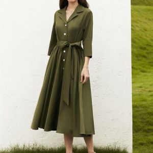 Stylewe Plain  Elegant  Pockets Shirt Collar Midi Dress, Dresses, color:Green|size:XXL, Stylewe