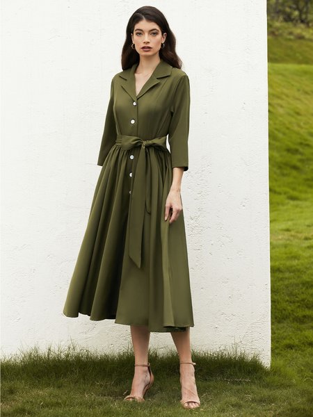 Stylewe Plain Elegant Pockets Shirt Collar Midi Dress, Dresses, color:Green|size:XXL, Stylewe