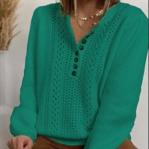 Women Crew Neck Button Long Sleeve Knitting Sweater, Sweaters, color:Green|size:XXL, JustFashionNow