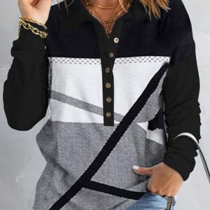 Color Block Casual Loose Shawl Collar Top, Tops, color:Black-white|size:XXL, JustFashionNow