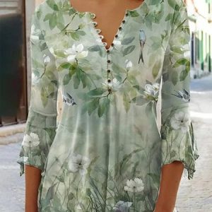 Loose Notched Casual Leaf Shirt, Shirts & Blouses, color:Green|size:XXL, JustFashionNow