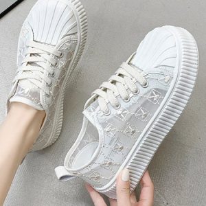 Breathable Geometric Embroidered Graphic Mesh Platform Flats, Sneakers, color:Off White|size:40, JustFashionNow