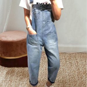Casual Pockets Plain Denim Bib Pants, Jumpsuits&Rompers, color:Blue|size:XXL, Noracora