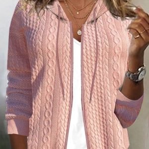 Loose Knit Hooded Jacket in Textured Fabric, Jackets, color:Pink|size:XXL, JustFashionNow