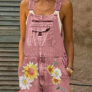 Everyday Casual Sunflower and Daisy Cropped Jeans Bib Pant, Jumpsuits＆Rompers, color:Pink|size:3XL, JustFashionNow