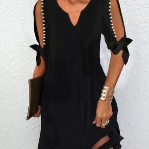 Casual Short Sleeve V Neck Dress, Dresses, color:Black|size:XXL, JustFashionNow