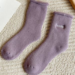 Alphabet Solid Color Snow To Keep Warm Plus Fleece Socks, Socks, color:Purple|size:One-size, JustFashionNow