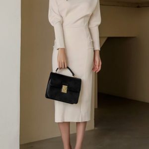 Elegant Plain Long Sleeve Midi Dress, Midi Dresses, color:Beige|size:XXL, Stylewe