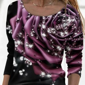 Casual Crew Neck Floral Loose T-Shirt, T-Shirts, color:Purple|size:XXL, JustFashionNow