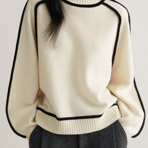 Turtleneck Urban Color Block Sweater, Pullovers, color:Off White|size:XXL, Stylewe