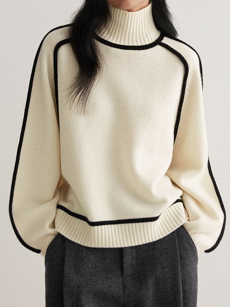 Turtleneck Urban Color Block Sweater, Pullovers, color:Off White|size:XXL, Stylewe