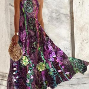 Loose Jersey Floral Vacation Long Dress, Dresses, color:Fuchsia|size:XXL, JustFashionNow