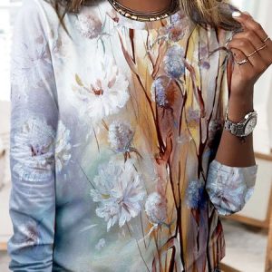 Crew Neck Floral Printed Jersey Casual T-Shirt, T-shirts, color:Multicolor|size:3XL, Noracora