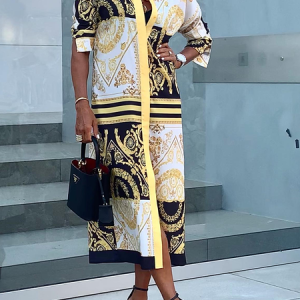 Ethnic Urban Loose Three Quarter Shirt Collar Midi Dress, Midi Dresses, color:Yellow|size:XS, Stylewe