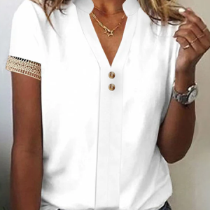 Buttoned Half Open Collar Plain Casual T-Shirt, T-shirts, color:White|size:XXL, Noracora