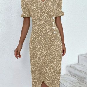Ditsy Floral Ditsy Flounce Sleeve Wrap Hem Dress, Dresses, color:Light Khaki|size:XXL, JustFashionNow