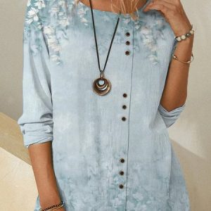 Crew Neck Long Sleeve Floral Regular Loose Shirt For Women, Blouses, color:Green|size:XXL, Noracora