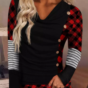 Jersey Casual Loose V Neck Top, Tops, color:Multicolor|size:XXL, JustFashionNow