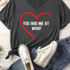 Women's You Had Me At Woof Matching V Neck T-Shirt, color:Gray|size:XXL, Lilicloth.com
